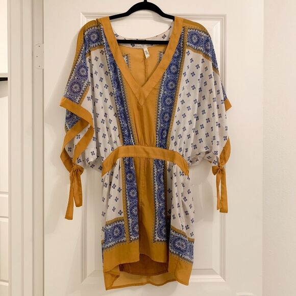 Free People XS oversized Santa Cruz Dress in Goldenrod Combo boho flowy Kimono - Picture 2 of 8